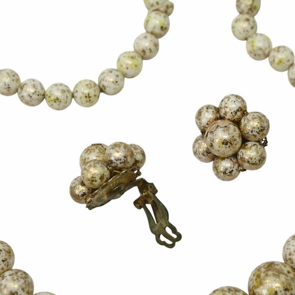 Vintage Necklace Clip On Earring Set Japan White Gold Flecked Beads 26" -Hey Viv - Picture 4 of 7